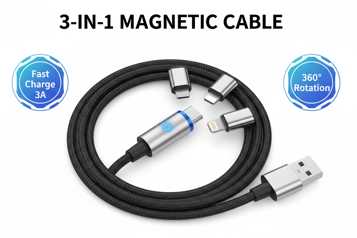 Cable USB - C magnético 3 en 1 con carga rápida 3A y conectores intercambiables Lightning Micro USB - ANMARKET