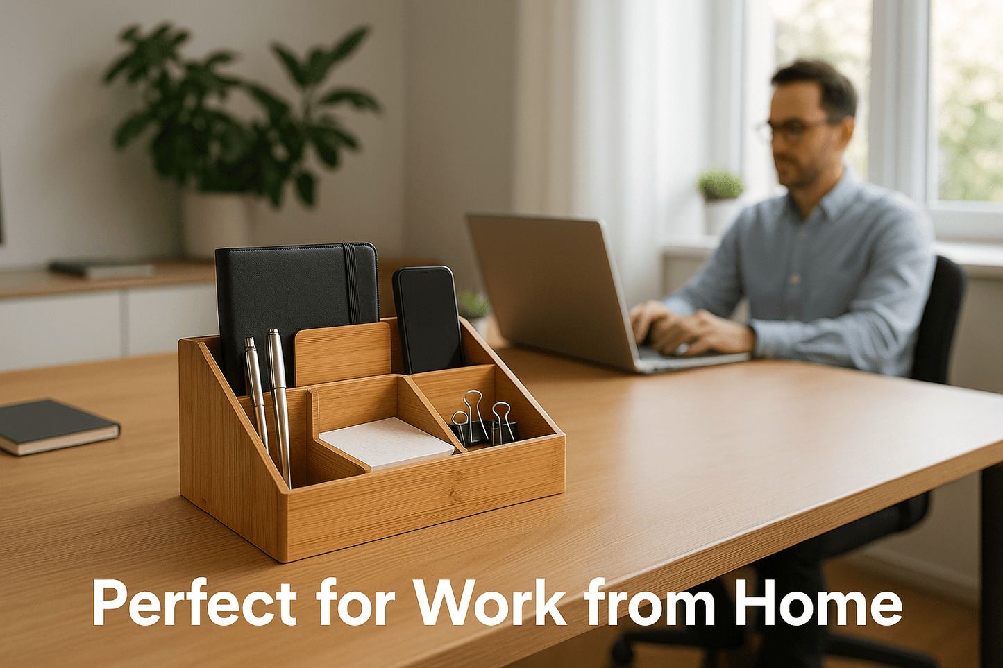 Organizador de Escritorio con Carga Inalámbrica - Bambú con Compartimentos - ANMARKET