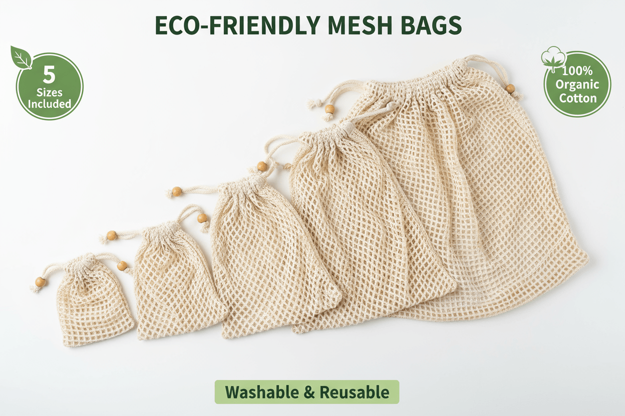 Set 5 bolsas reutilizables ecológicas malla algodón orgánico lavables compra - ANMARKET