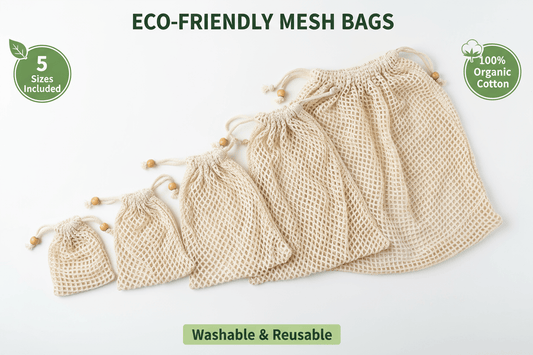 Set 5 bolsas reutilizables ecológicas malla algodón orgánico lavables compra - ANMARKET