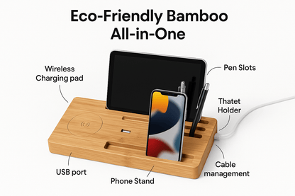 Organizador de Escritorio con Carga Inalámbrica - Bambú con Compartimentos - ANMARKET
