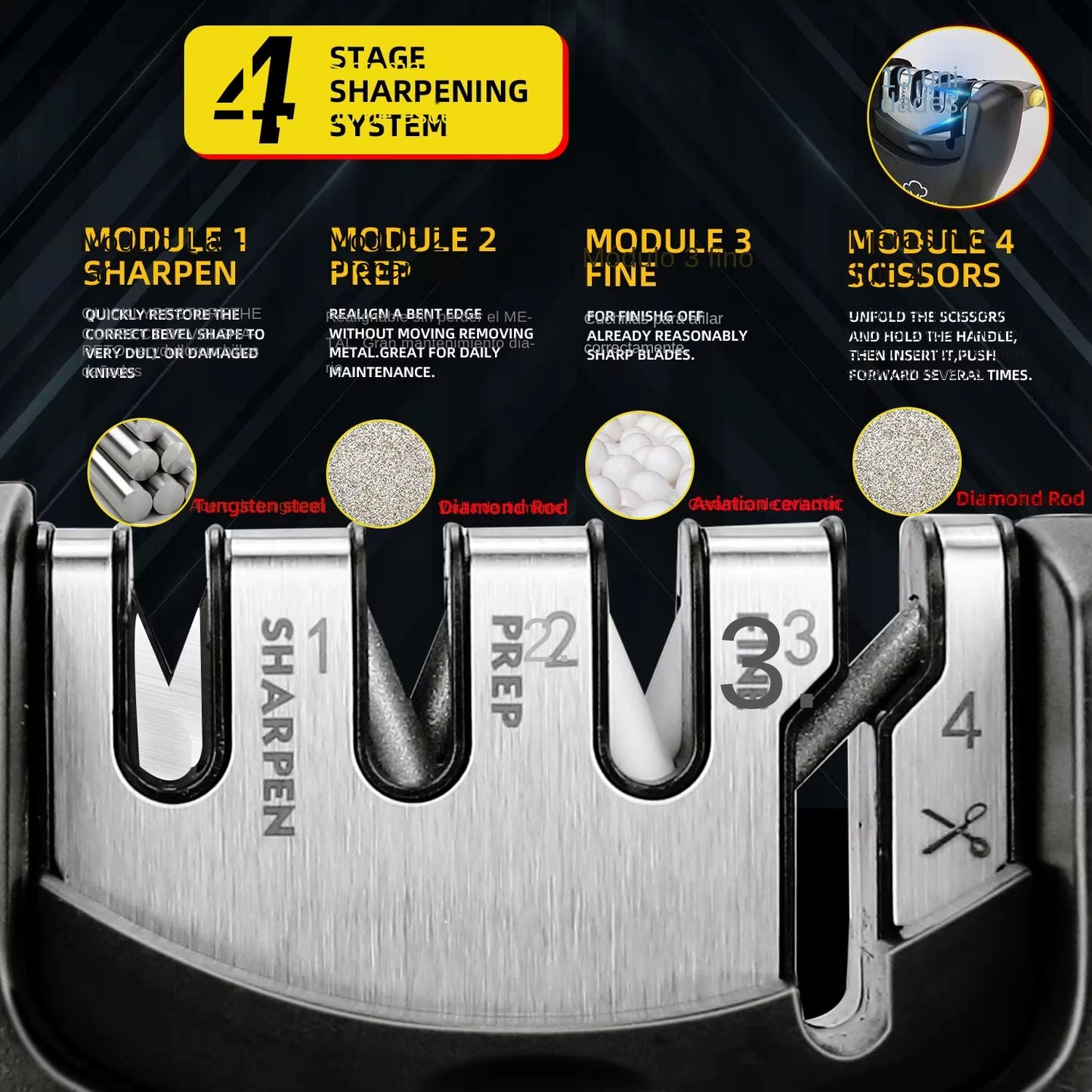 Afilador de cuchillos 4 etapas en 1, piedra de afilar profesional, piedra de afilar de cocina, tijeras finas de diamante, amoladora, herramienta de afilado de Chef - ANMARKET