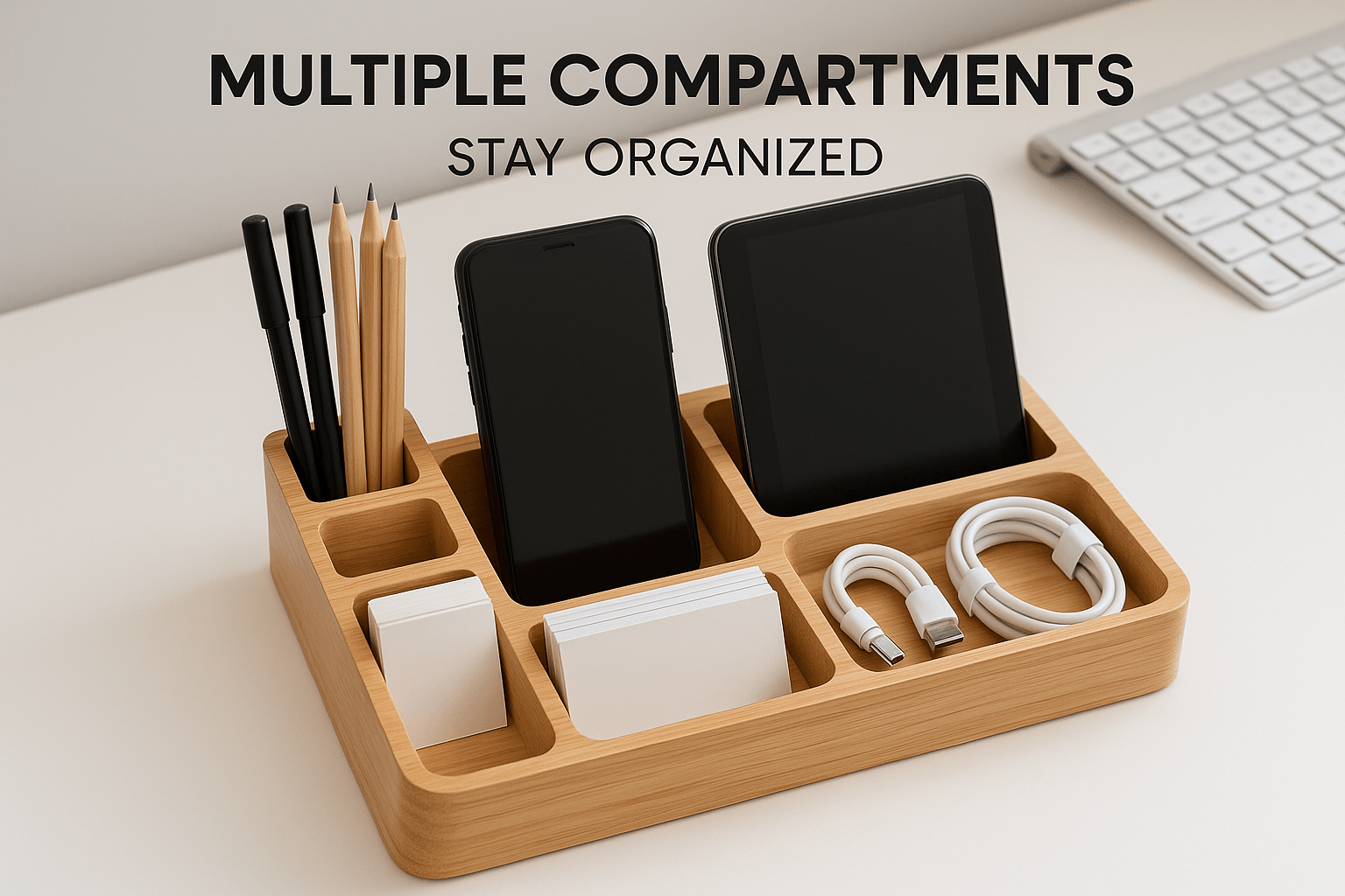 Organizador de Escritorio con Carga Inalámbrica - Bambú con Compartimentos - ANMARKET