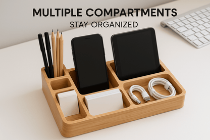 Organizador de Escritorio con Carga Inalámbrica - Bambú con Compartimentos - ANMARKET