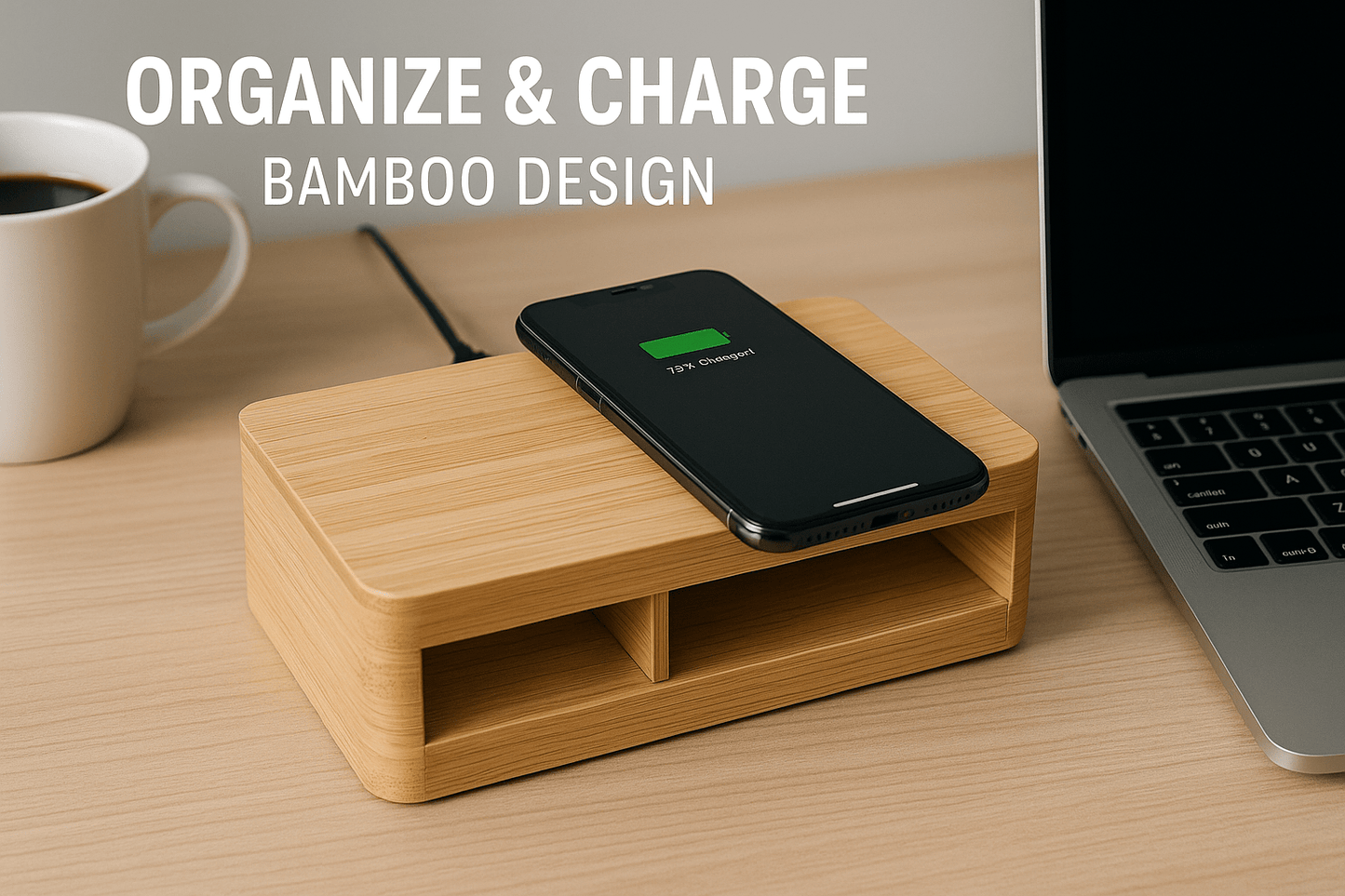 Organizador de Escritorio con Carga Inalámbrica - Bambú con Compartimentos - ANMARKET