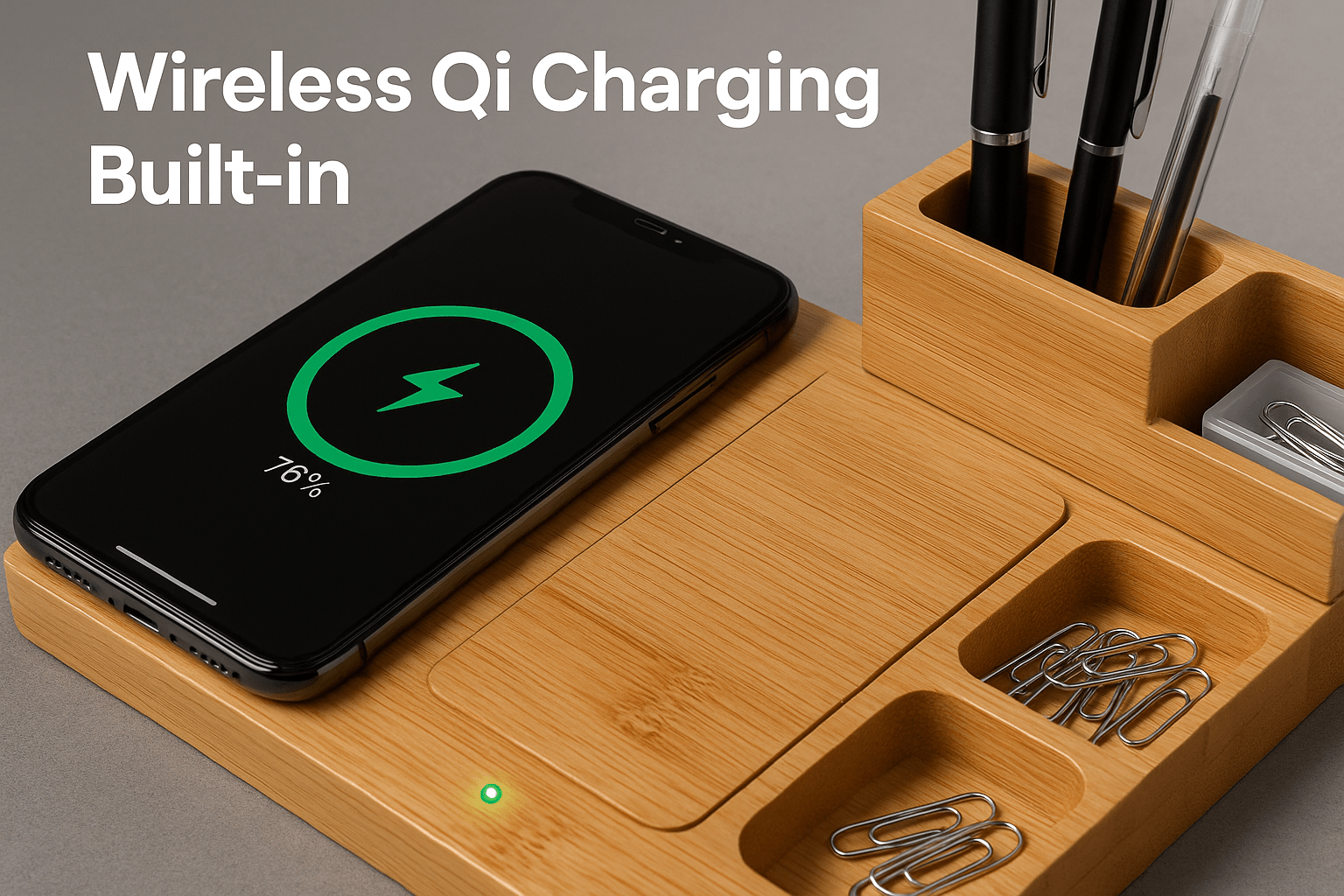 Organizador de Escritorio con Carga Inalámbrica - Bambú con Compartimentos - ANMARKET